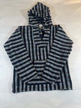 Sandy Baja Hoodie M Blue Black White Striped Woven Pullover Drug Rug Mexico